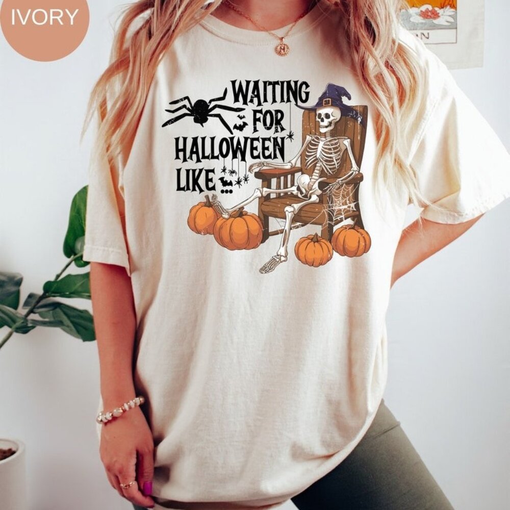 Waiting for Halloween Skeleton T-shirt, Funny Halloween Spooky Pumpkin Tee